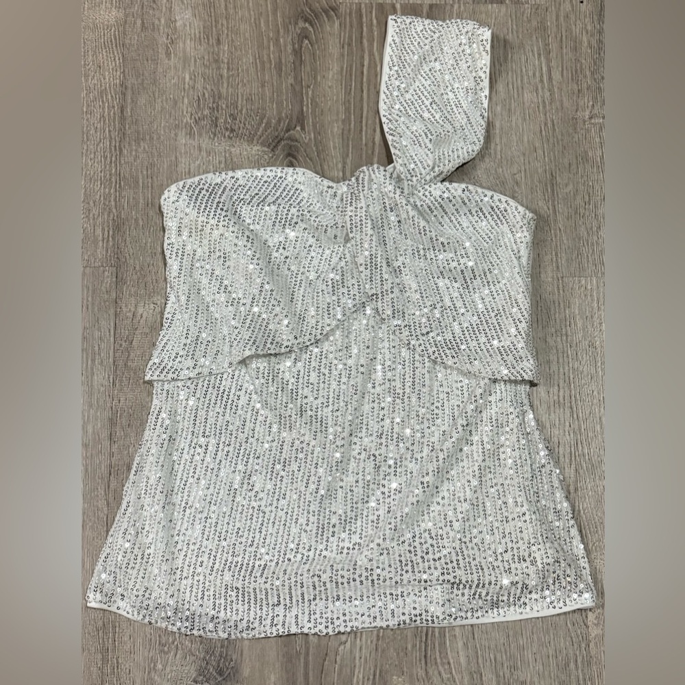 Grace Karin White Sequin One Shoulder Top | Sparkle Blouse | Party Top | Size M - Picture 3 of 5